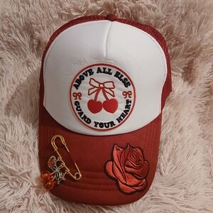 Stylish Red and White Women's Hat with Rose Embellishment